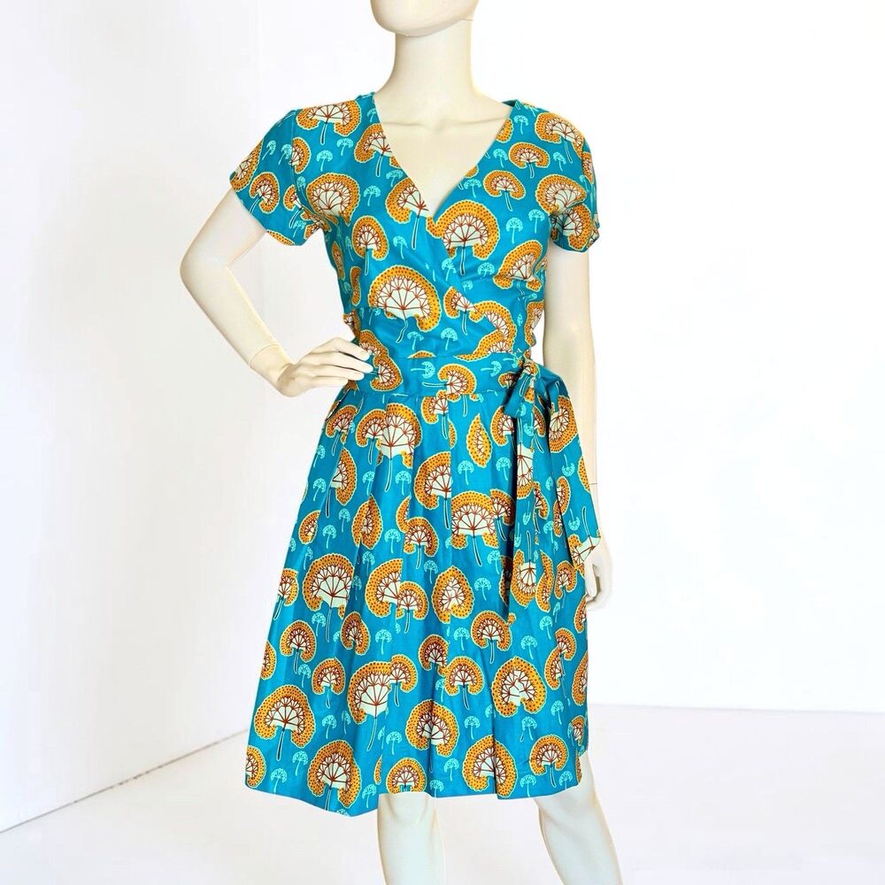 African Ankara Wax-Print Wrap Dress Size S/M Handmade Pockets Blue/Teal Multi